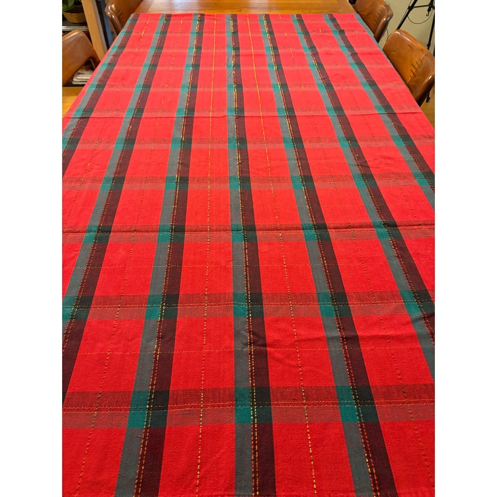 Hand Woven Plaid Tablecloth Red Teal Gold Sparkle‎ Festive Cotton  55 x 72